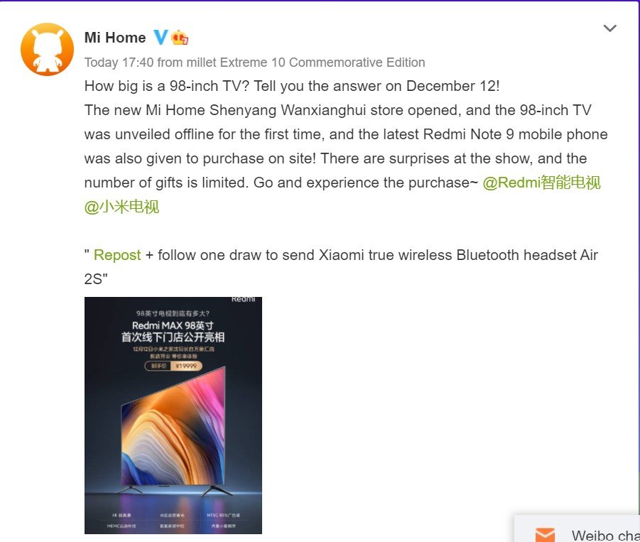 Mi Home Xiaomi Weibo ha condiviso l'annuncio ufficiale dell'arrivo della TV