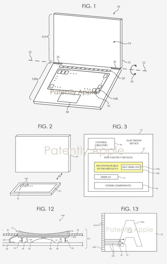 Tastiera Mac brevettata da Apple cù visualizazioni persunalizabili nantu à ogni chjave