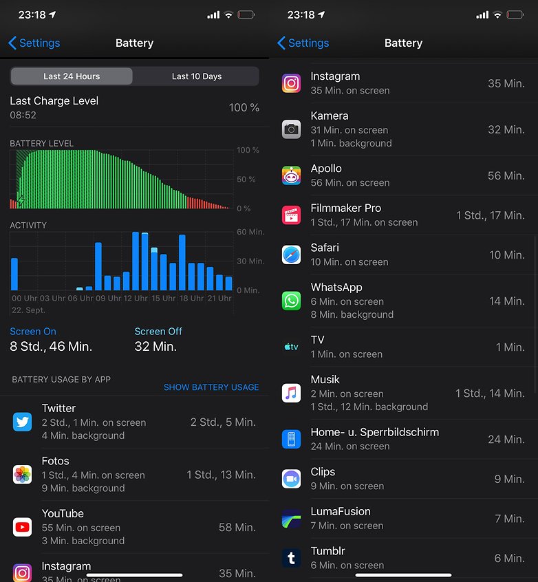 screenshot della batteria di iphone11pro
