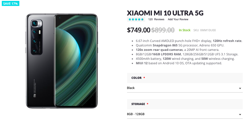 Giztop menjual Xiaomi Mi 10 Ultra 5G dengan harga $ 749 sahaja