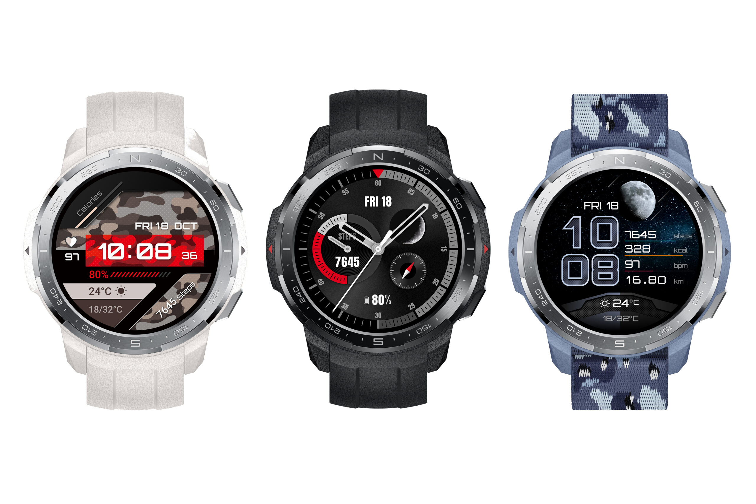 荣誉手表GS Pro颜色木炭黑马尔白色和迷彩蓝