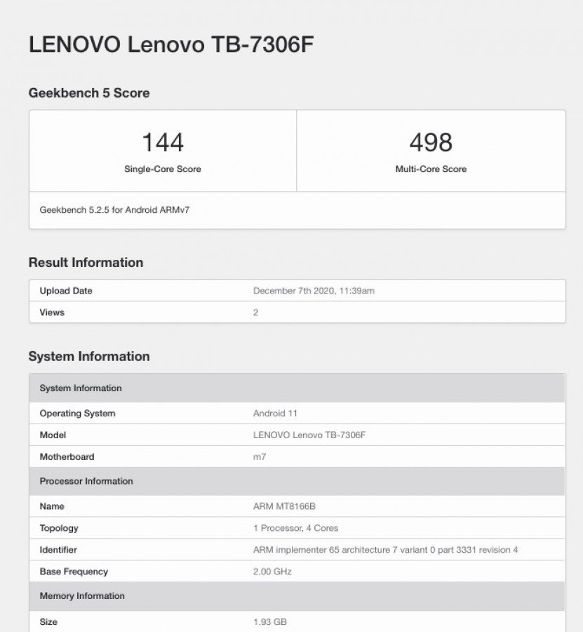 Lenovo Tab M7 (2021) Geekbench
