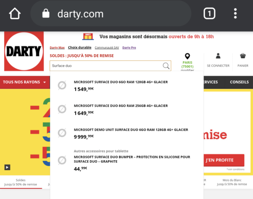 Microsoft Surface Duo Darty listing