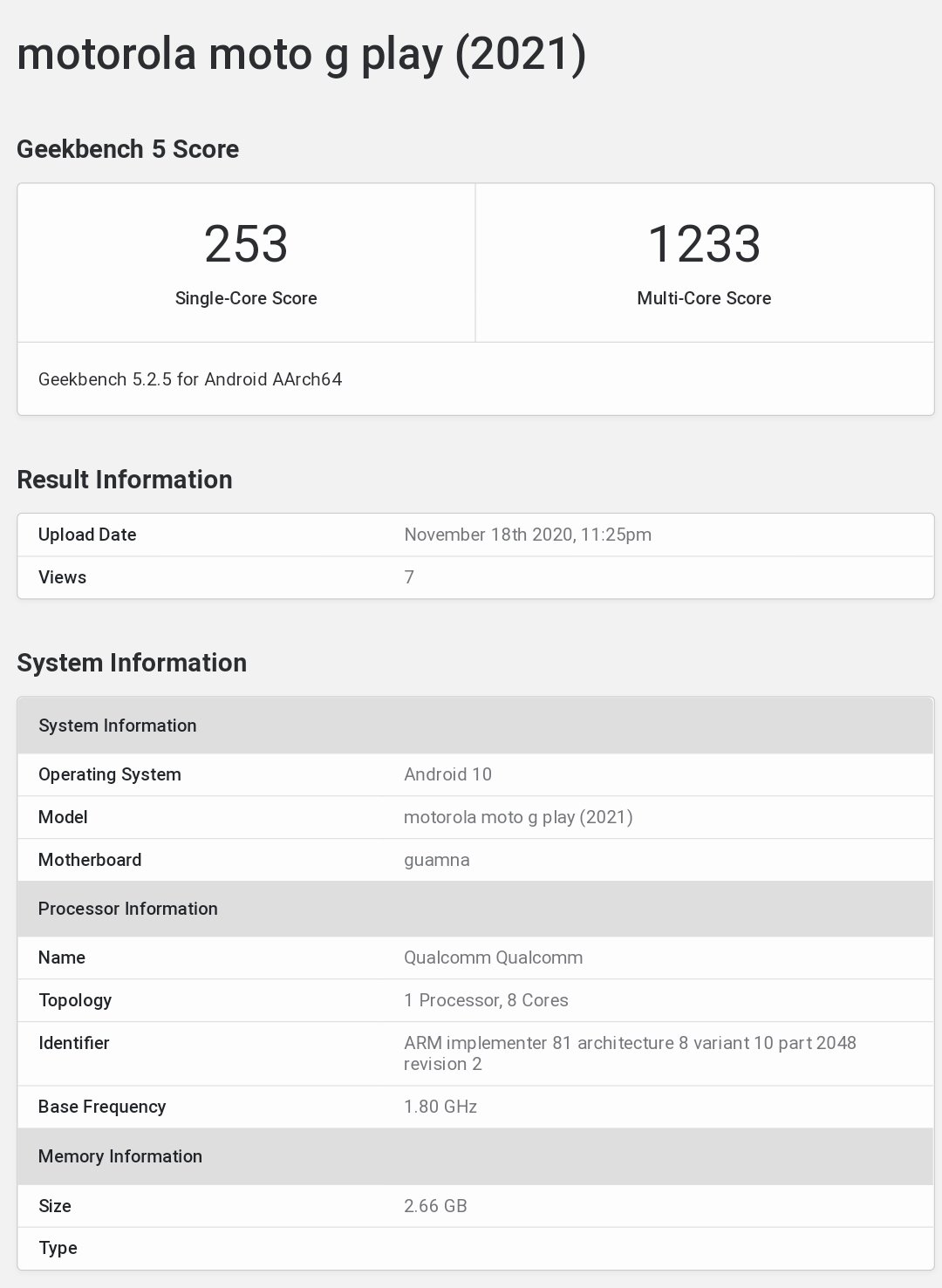 Список на Geekbench на Moto G Play 2021