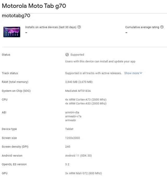 Moto Tab G70 Google Play Console rhestru_2