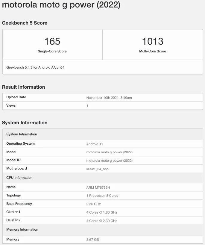 Motorola Moto G Power (2022) Geekbench_1