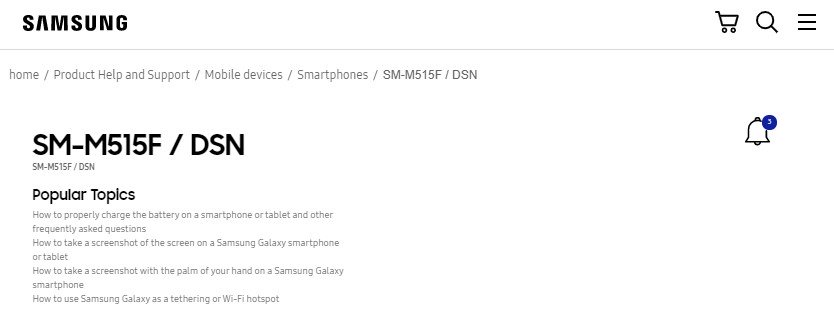 Samsung Galaxy M51 support page appears