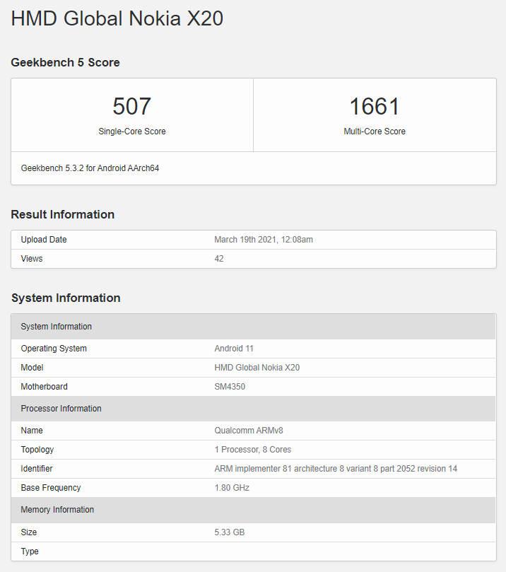 Nokia X20 Geekbench