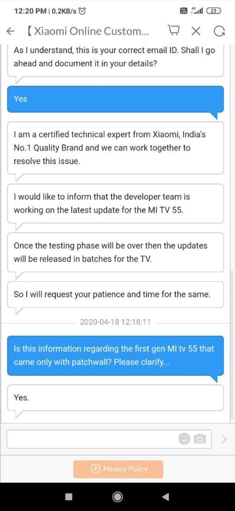 Mi TV 4 55 Android TV Update Customer Service Chat