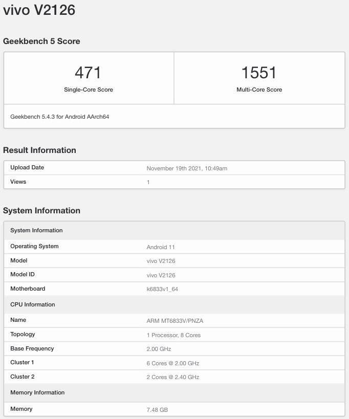 Vivo V23e 5G Geekbench