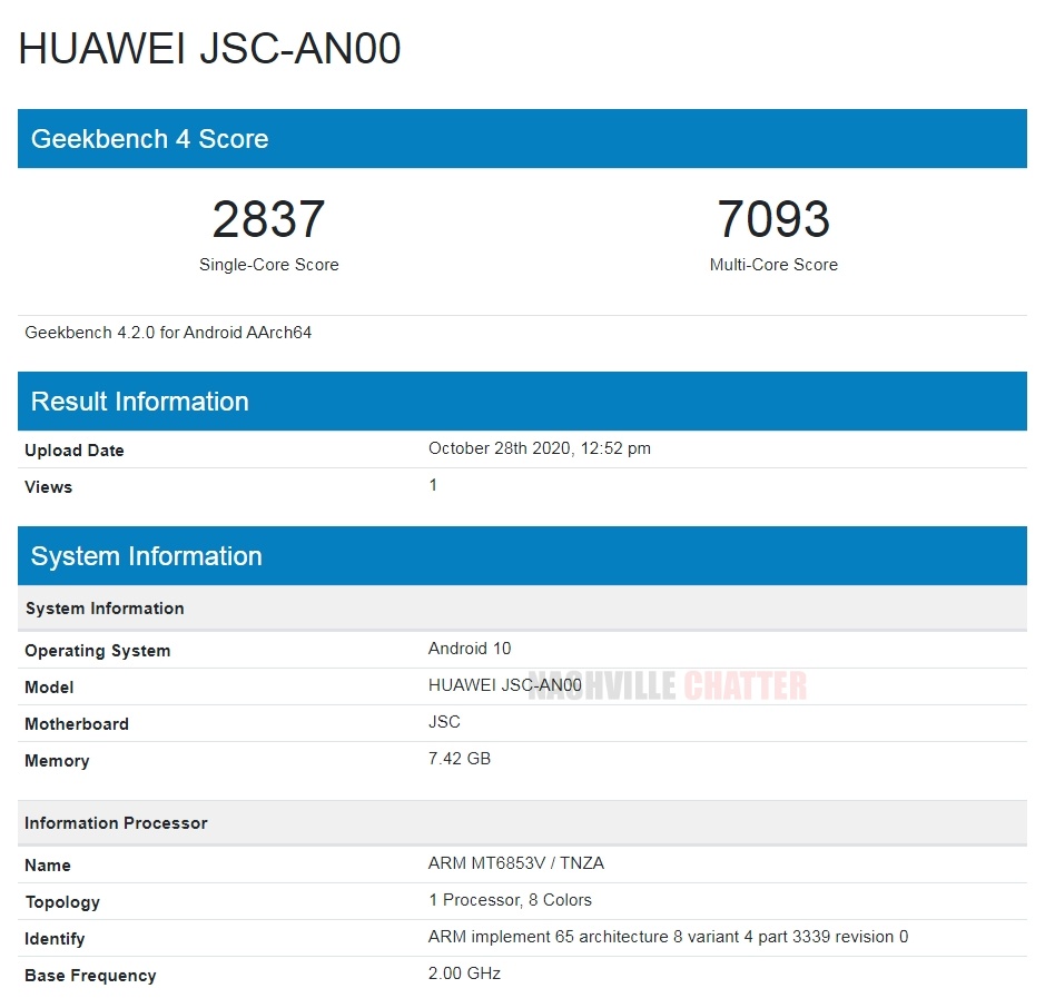 Skor ujian Geekbench diperoleh dari Huawei JSC-AN00