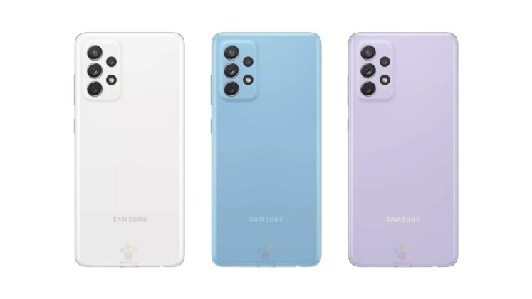 Vipengele vya Uvujaji wa Samsung Galaxy A72 4G White Blue Violet Vimeonyeshwa