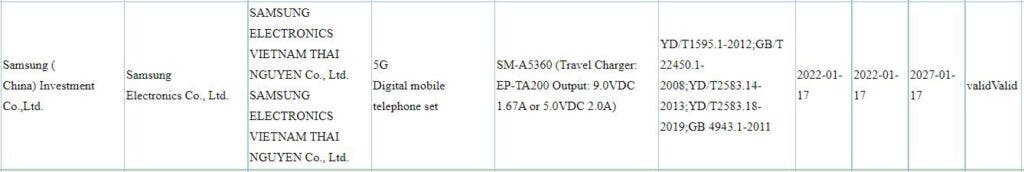 Samsung Galaxy A53 5G 3C सूचीकरण