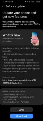 Galaxy M31 April 2020 Security Patch Neuveröffentlichung