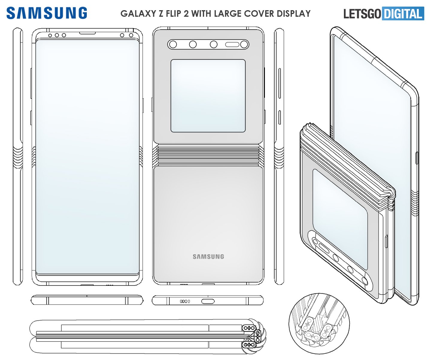 Samsung Clamshell Disseny de telèfons intel·ligents plegables Patent Pantalla de tapa gran Càmera triple Frontissa zero gap
