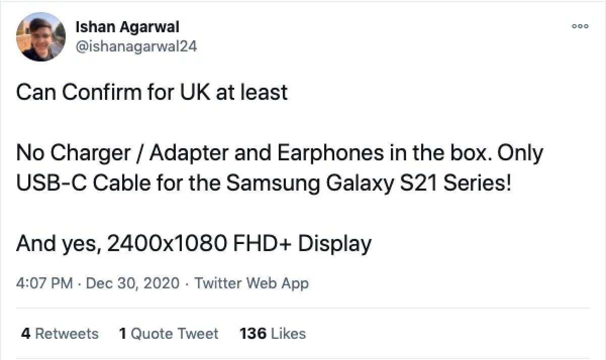 Ishan Agarwal čivināt — Samsung Galaxy S21 neiekļauj lādētāju