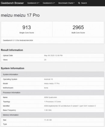 Meizu 17 Pro geekbench