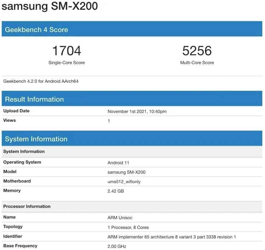 Samsung Galaxy Tab A8 SM-X200 Geek Bench