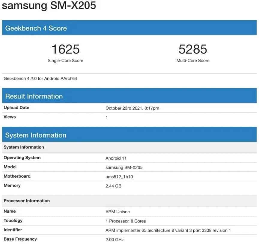 Samsung Galaxy Tab A8 SM-X205 Geek Bench