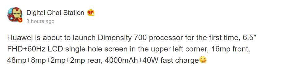 Rò rỉ thông số kỹ thuật điện thoại Huawei Dimensity 700 SoC