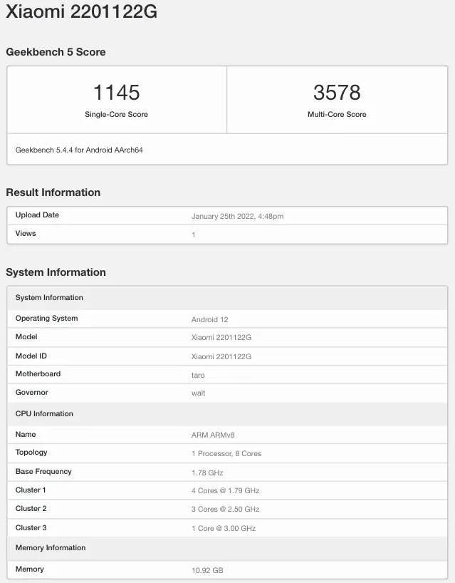 Xiaomi 12 Pro 2201122G Geekbench